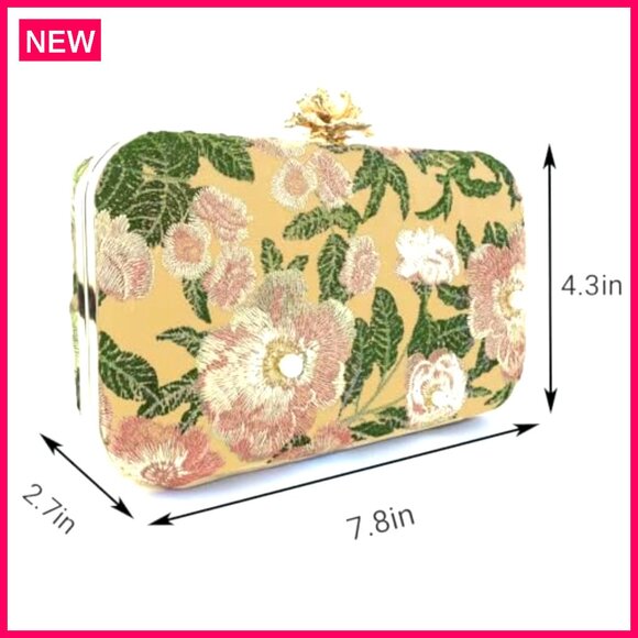 Vintage Embroidered Clutch Evening Bag Pearl Chain Shoulder Purse Wedding Guest - Picture 4 of 8